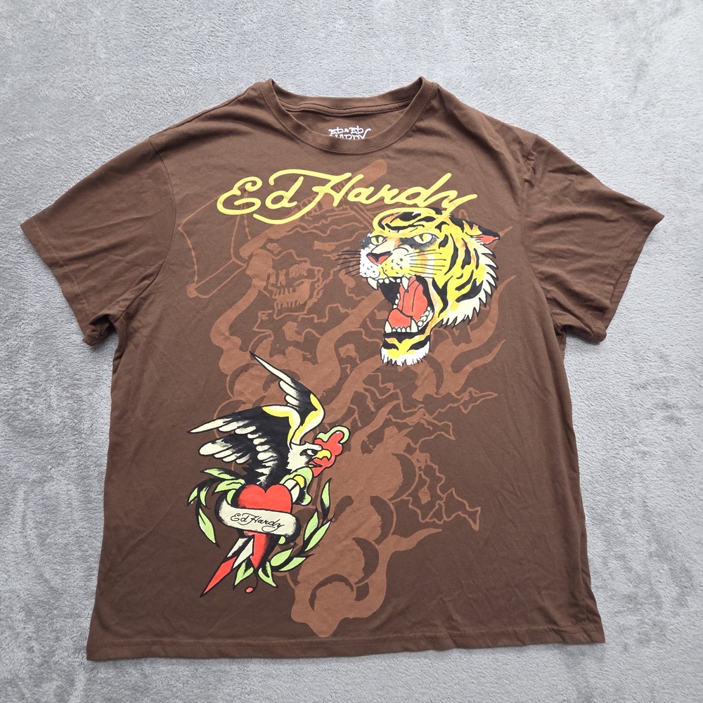 Ed Hardy Shirt Mens XL Brown Tiger Heart Dagger Graphic Tee Tagless Cotton